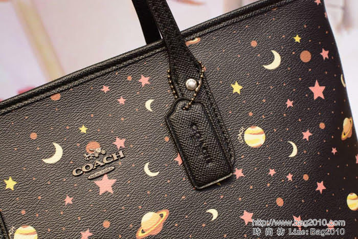 COACH蔻馳 F30058新款 拉鏈托特購物袋 單肩包 十字紋頭層牛皮 星空圖案  Chz1396